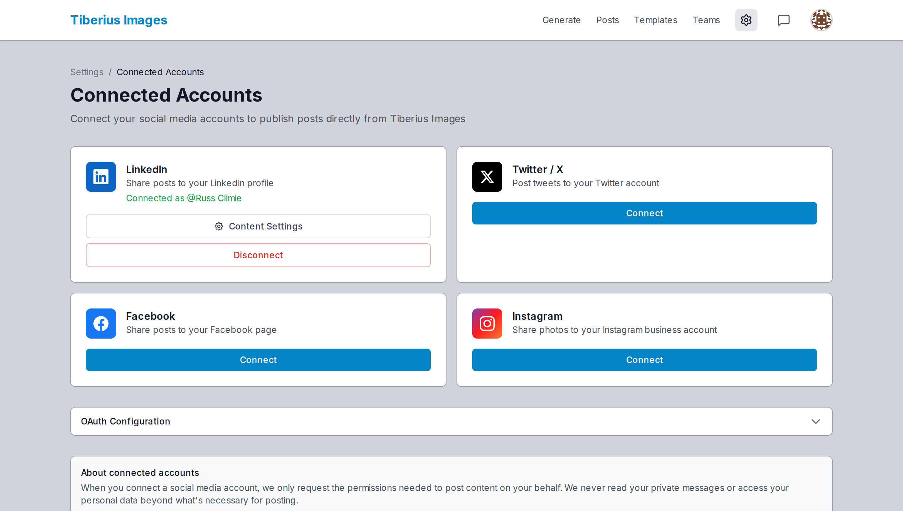 The Connected Accounts screen, showing LinkedIn connected and Facebook, Instagram and Twitter with unused Connect buttons.
