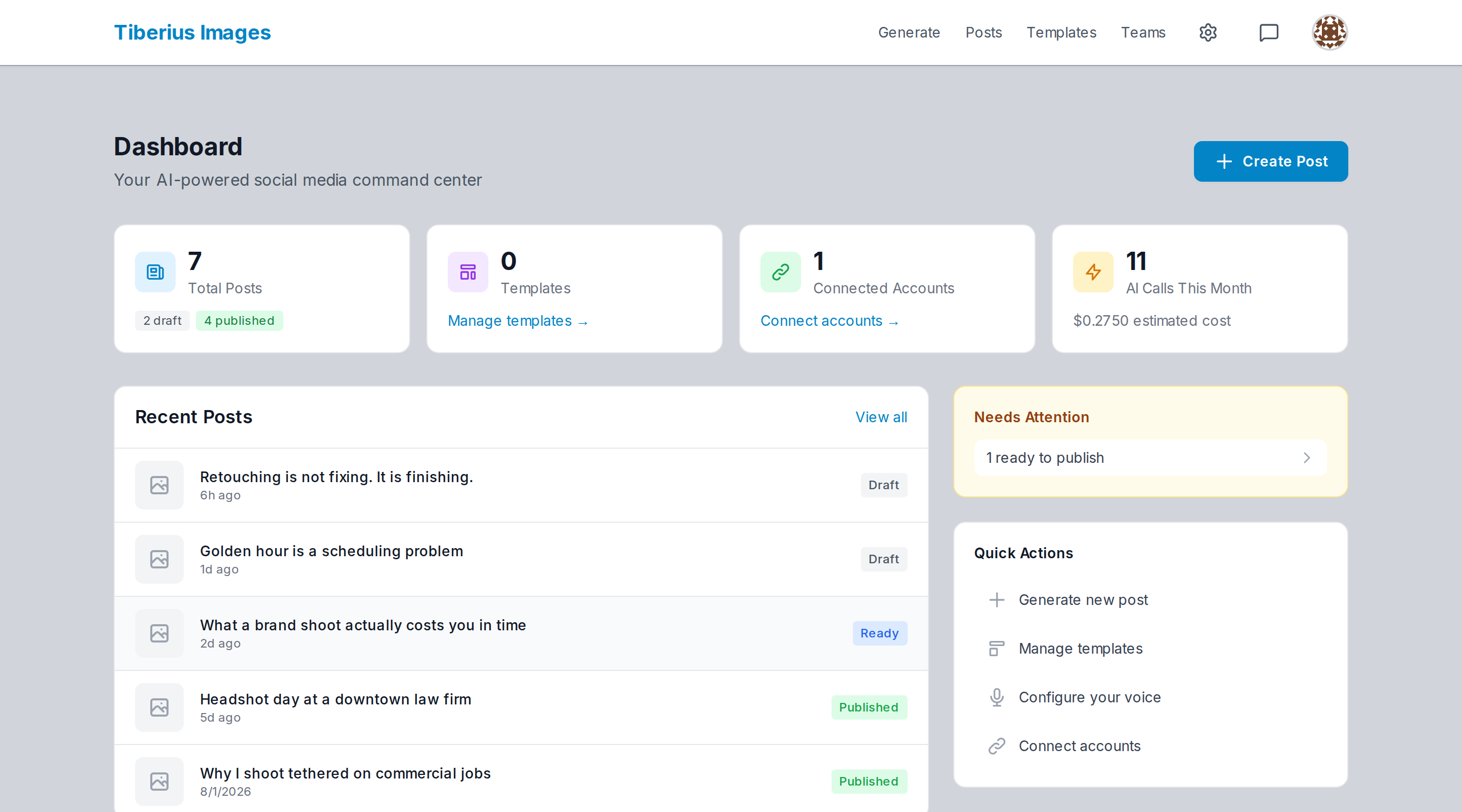 The Tiberius Images dashboard, showing recent posts with draft, ready and published statuses.