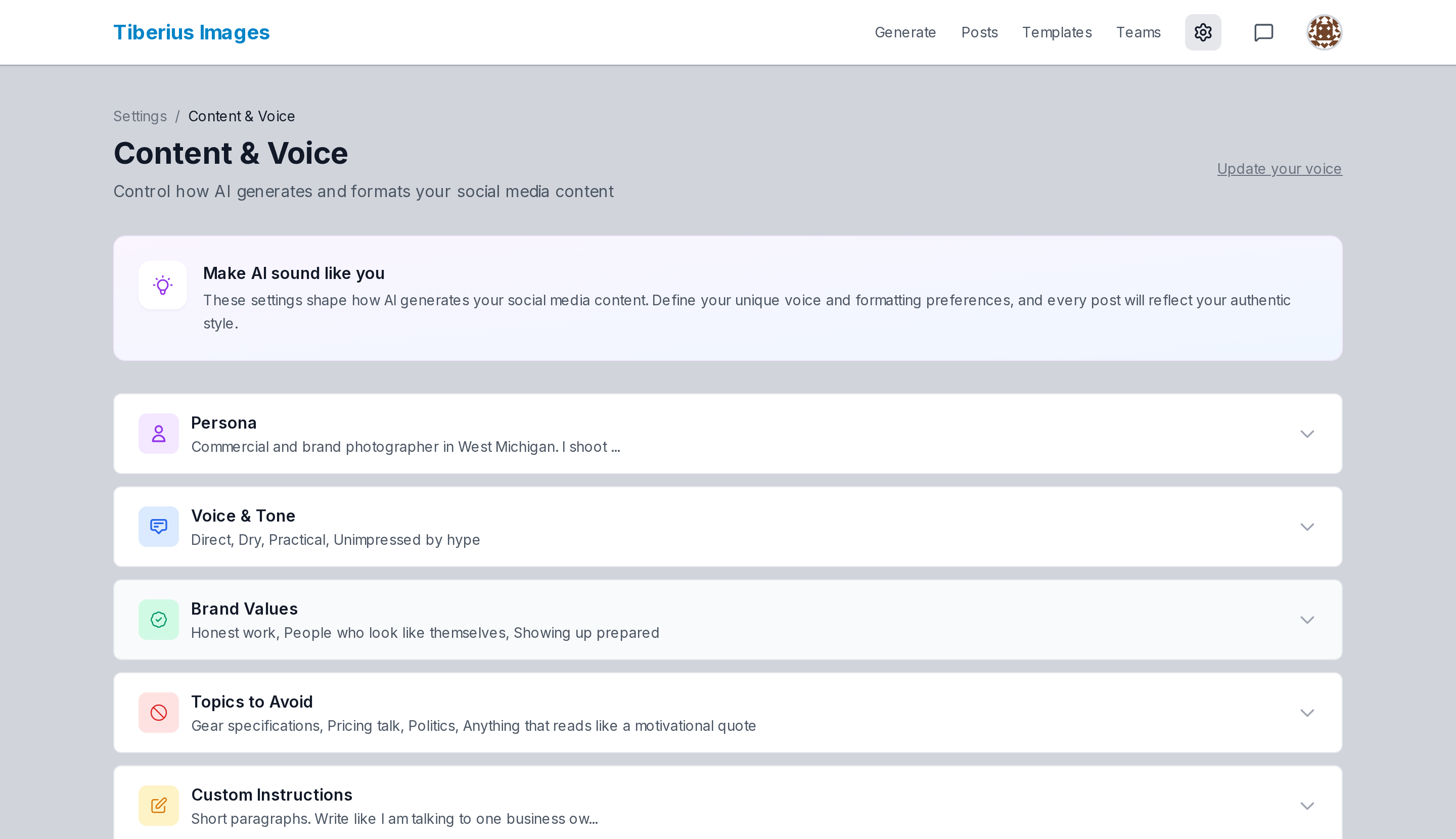 The Content and Voice settings screen, with persona, voice and tone, brand values and topics to avoid all filled in.